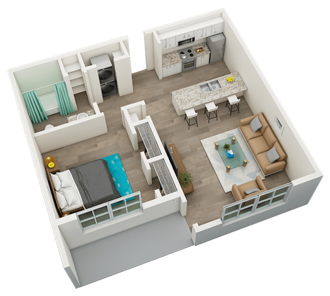 Floor plan for 1 bed, 1 bath, 751 sqft