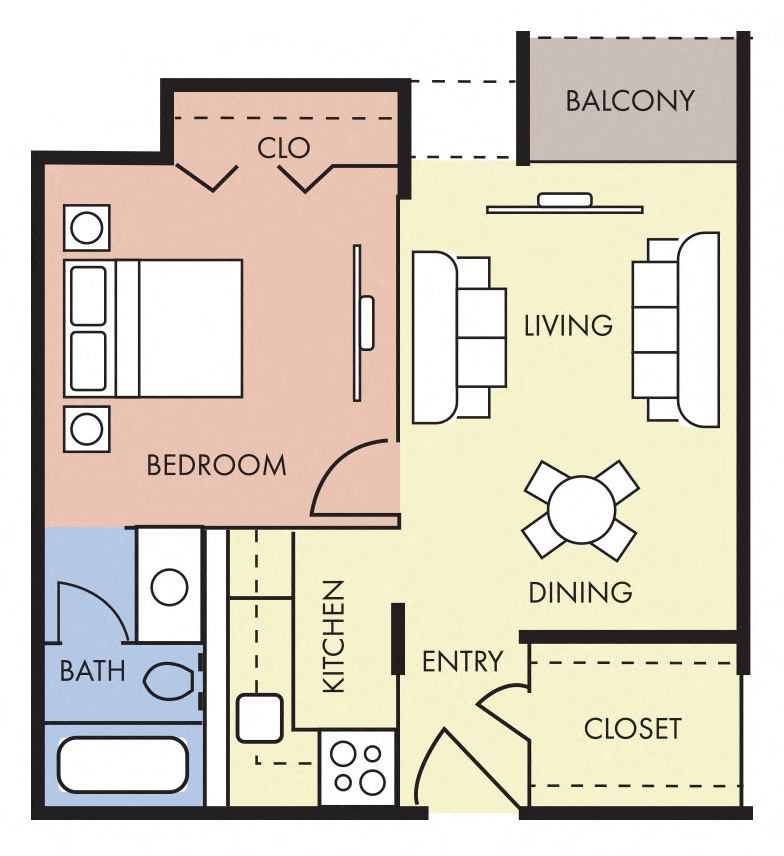 Floor plan for 1 bed, 1 bath, 563 sqft