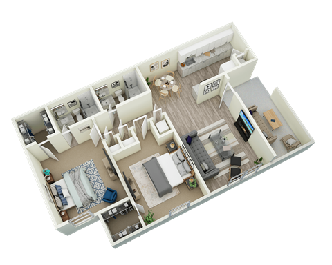 Floor plan for 2 beds, 2 baths, 950 sqft