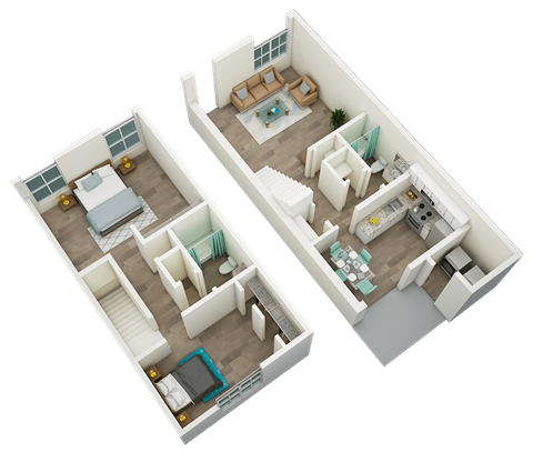 Floor plan for 2 beds, 2 baths, 1051 sqft