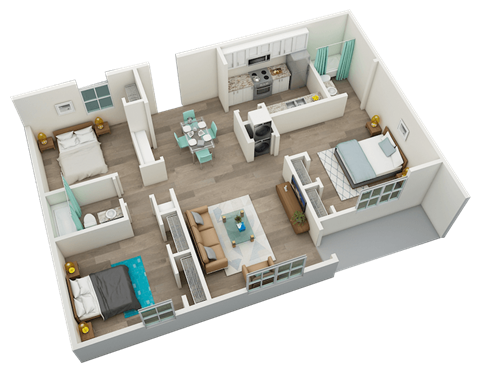 Floor plan for 3 beds, 2 baths, 1125 sqft