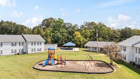 Bessemer apartment for rent - A playground with a blue slide and red swings in the middle of a grassy area.