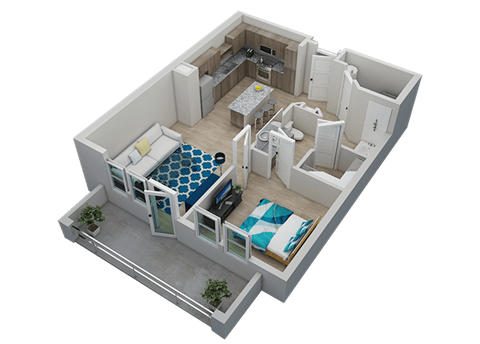 Floor plan for 1 bed, 1 bath, 740 sqft