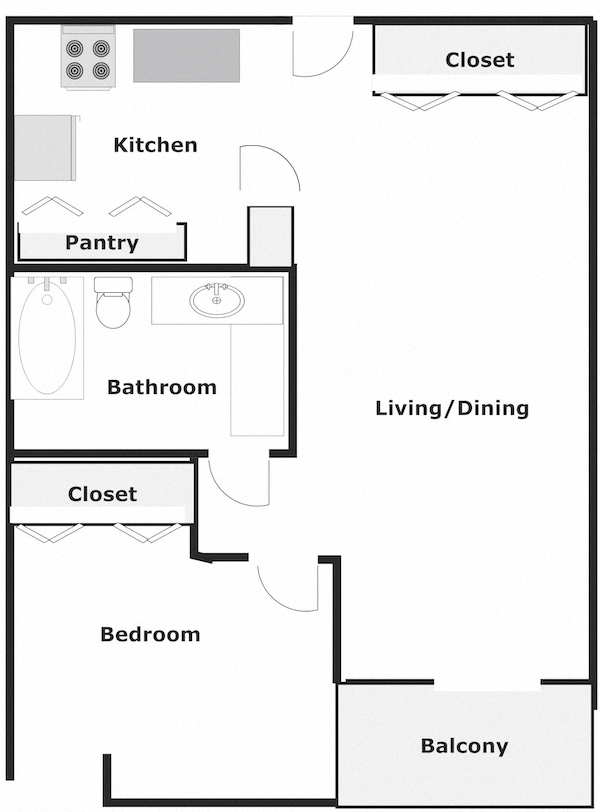 Floor plan for 1 bed, 1 bath, 650 sqft