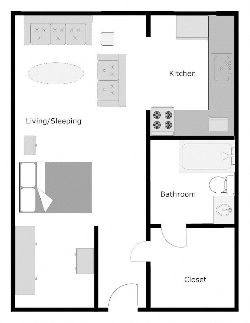 Floor plan for studio, 1 bath, 404 sqft