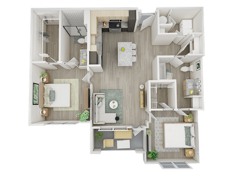 Floor plan for 2 beds, 2 baths, 1068 sqft