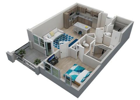 Floor plan for 1 bed, 1 bath, 791 sqft