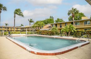 Sarasota apartment for rent - a swimming pool in front of a hotel with palm trees