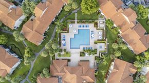 West Palm Beach apartment for rent - A bird's eye view of a residential area with a swimming pool and a small garden.