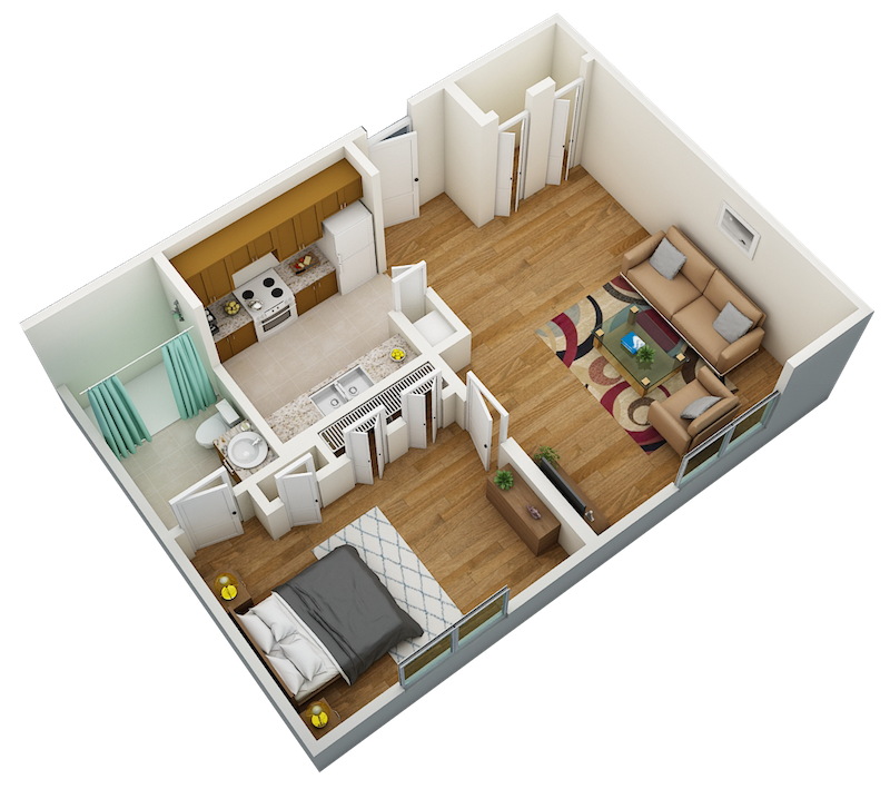 Floor plan for 1 bed, 1 bath, 580 sqft