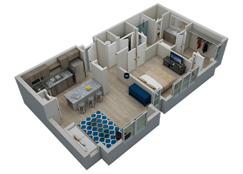 Floor plan for 1 bed, 1 bath, 811 sqft