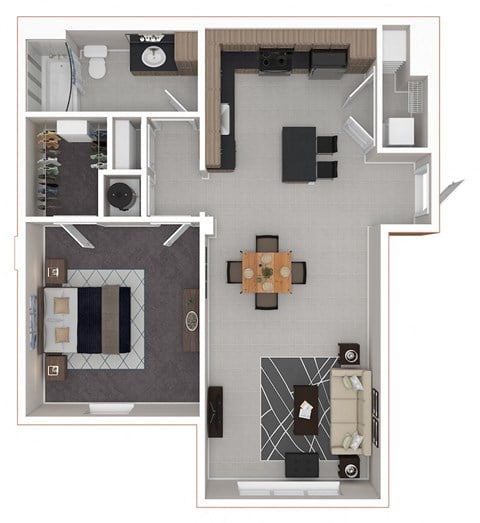 Floor plan for 1 bed, 1 bath, 748 sqft