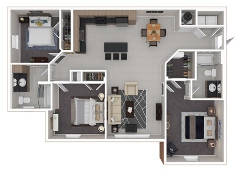 Floor plan for 3 beds, 2 baths, 1140 sqft