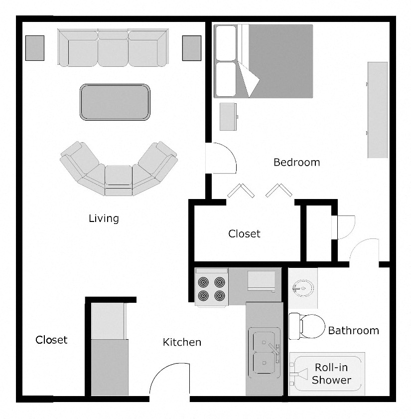 Floor plan for 1 bed, 1 bath, 565 sqft