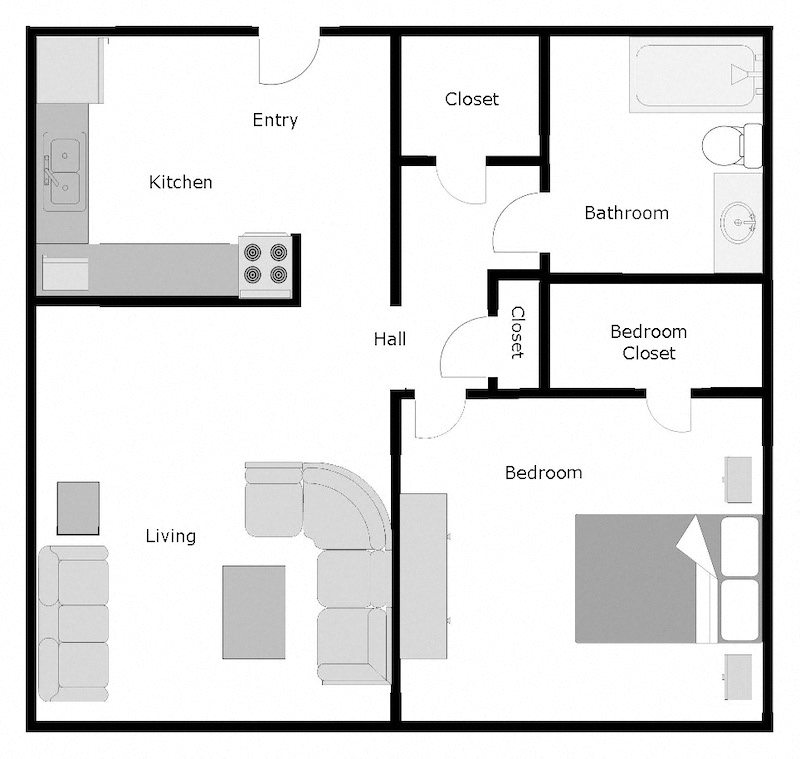 Floor plan for 1 bed, 1 bath, 456 sqft