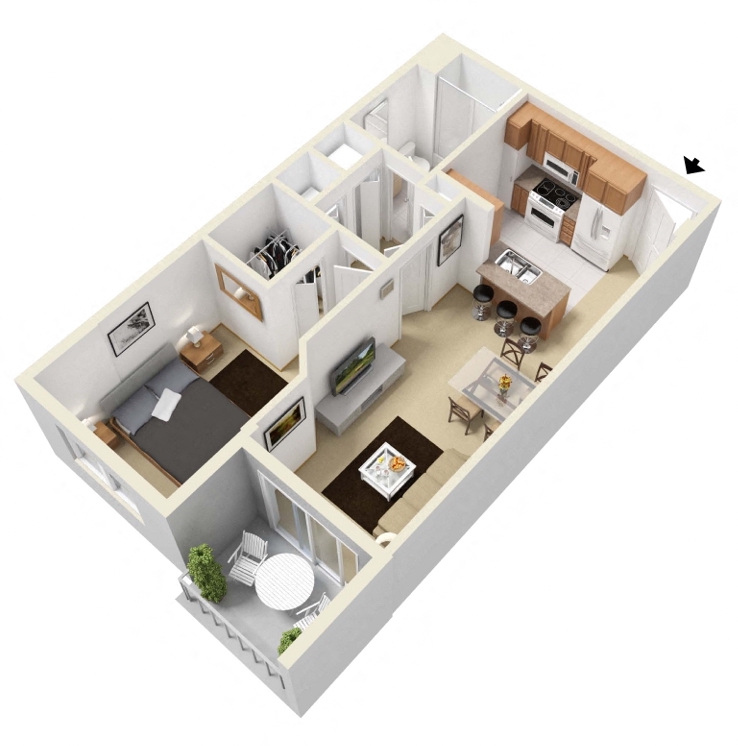 Floor plan for 1 bed, 1 bath, 680 sqft