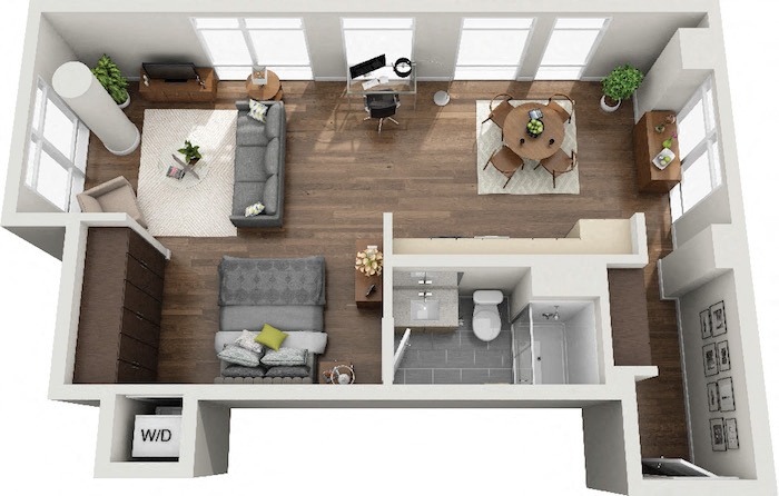 Floor plan for studio, 1 bath, 739 sqft