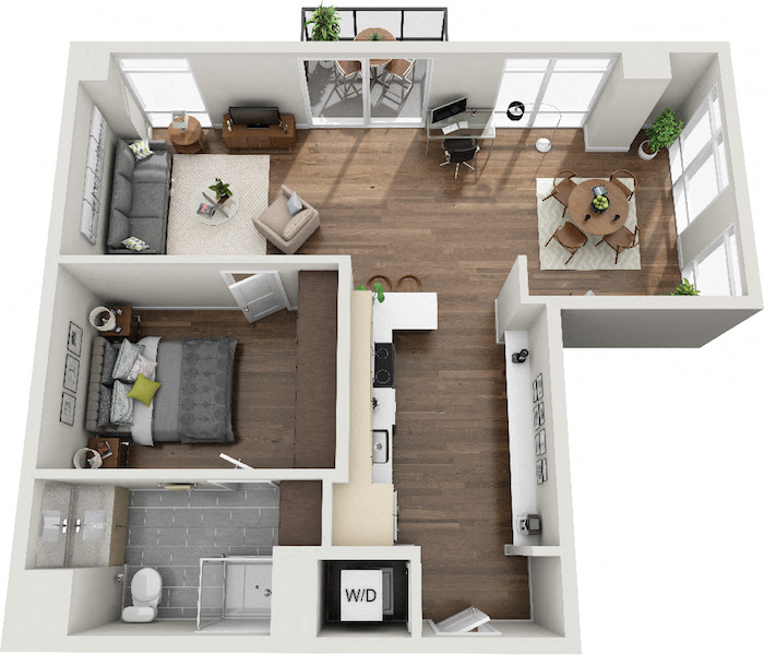 Floor plan for 1 bed, 1 bath, 867 sqft