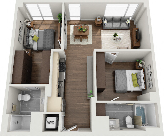 Floor plan for 2 beds, 2 baths, 915 sqft
