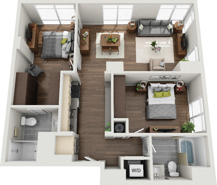 Floor plan for 2 beds, 2 baths, 1049 sqft