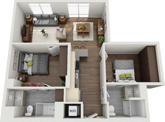 Floor plan for 2 beds, 2 baths, 898 sqft