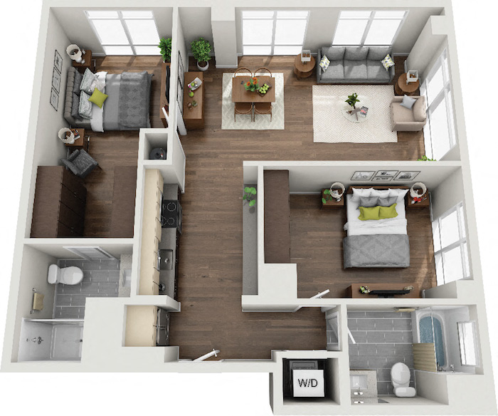 Floor plan for 2 beds, 2 baths, 1063 sqft