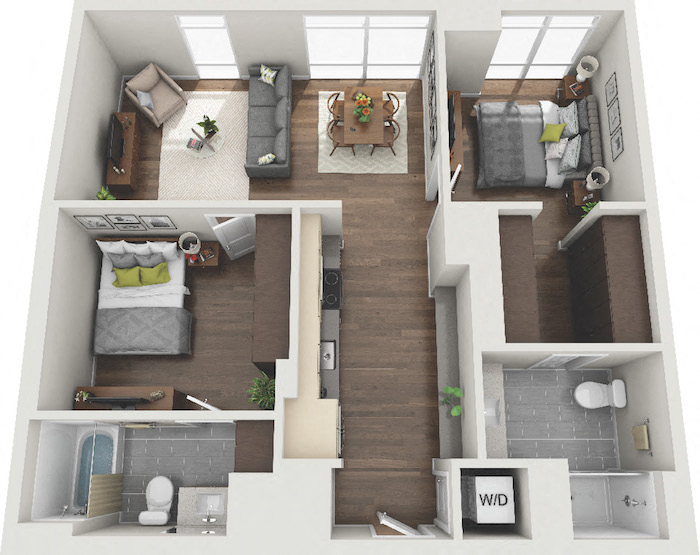 Floor plan for 2 beds, 2 baths, 971 sqft