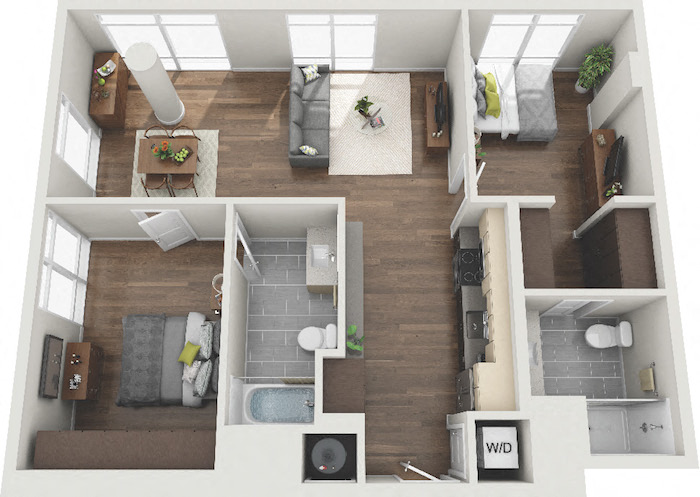 Floor plan for 2 beds, 2 baths, 1086 sqft