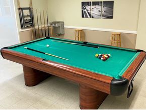 Cutler Bay apartment for rent - pool table with plenty of cues, bar stools, and water fountain