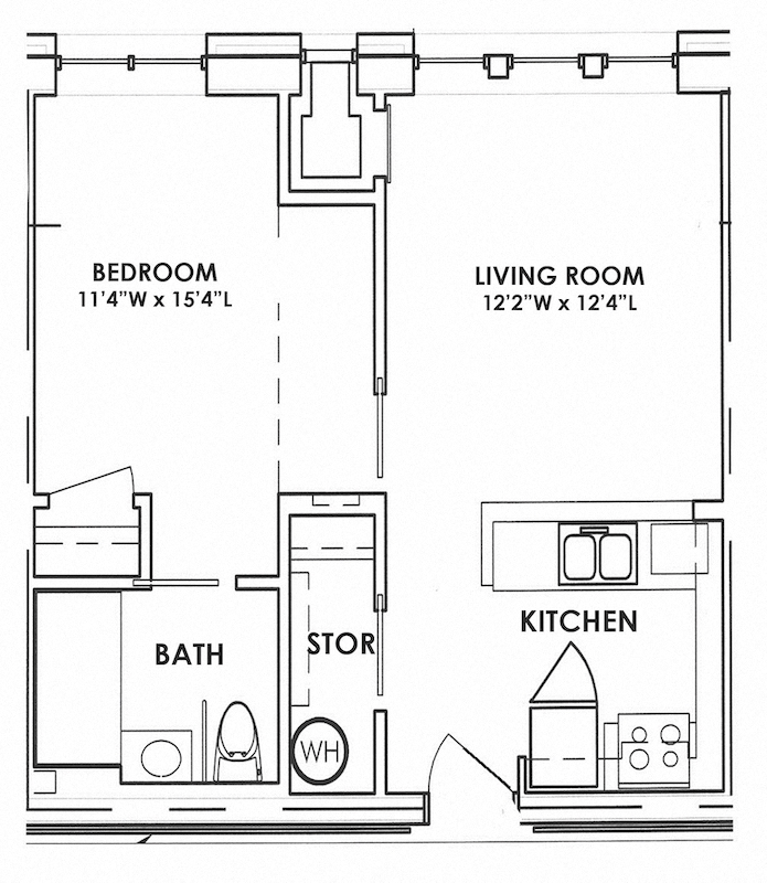 Floor plan for 1 bed, 1 bath, 540 sqft