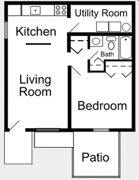 Floor plan for 1 bed, 1 bath, 576 sqft