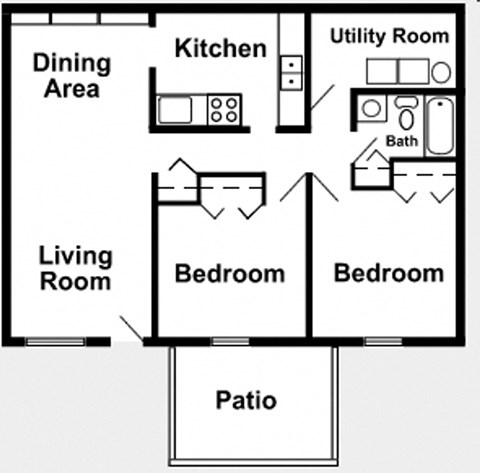 Floor plan for 2 beds, 1 bath, 864 sqft