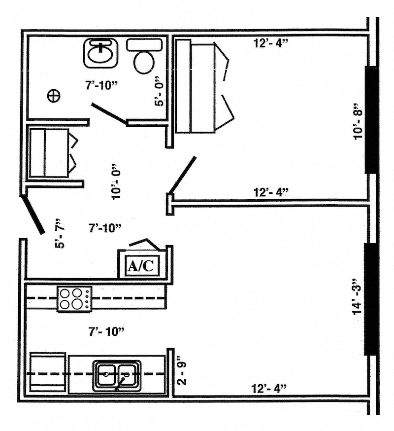 Floor plan for 1 bed, 1 bath, 525 sqft