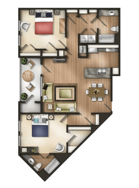 Floor plan for 2 beds, 2 baths, 1165 sqft