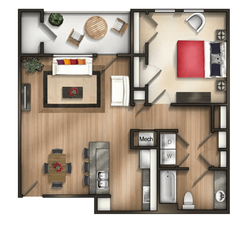Floor plan for 1 bed, 1 bath, 827 sqft