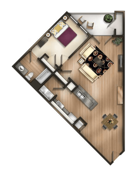Floor plan for 1 bed, 1 bath, 876 sqft