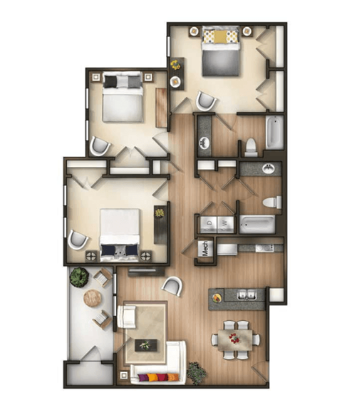 Floor plan for 3 beds, 2 baths, 1262 sqft