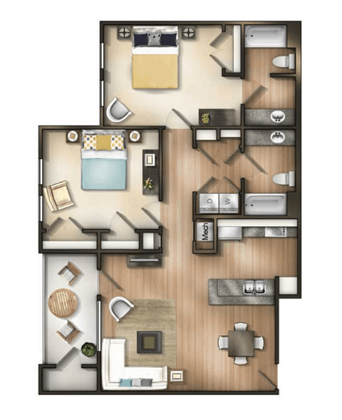 Floor plan for 2 beds, 2 baths, 1202 sqft