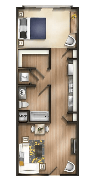 Floor plan for 1 bed, 1 bath, 673 sqft