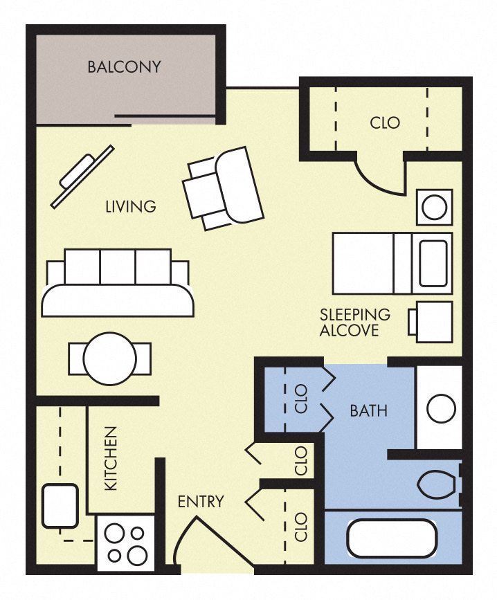 Floor plan for studio, 1 bath, 416 sqft
