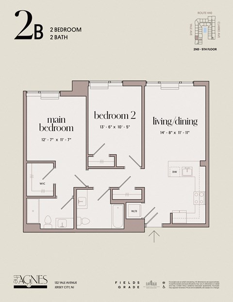 Floor plan for 2 beds, 2 baths, 1005 sqft