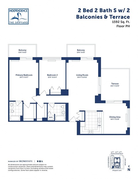Floor plan for 2 beds, 2 baths, 1592 sqft