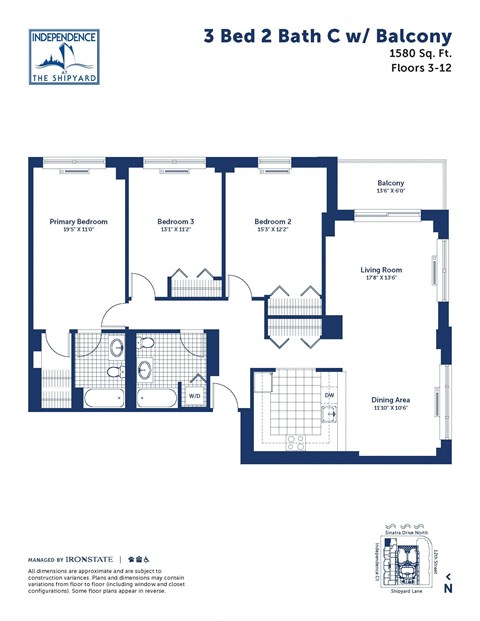Floor plan for 3 beds, 2 baths, 1580 sqft