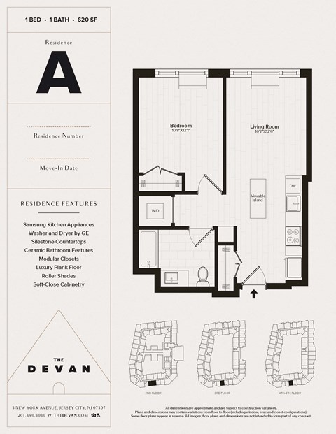 Floor plan for 1 bed, 1 bath, 620 sqft
