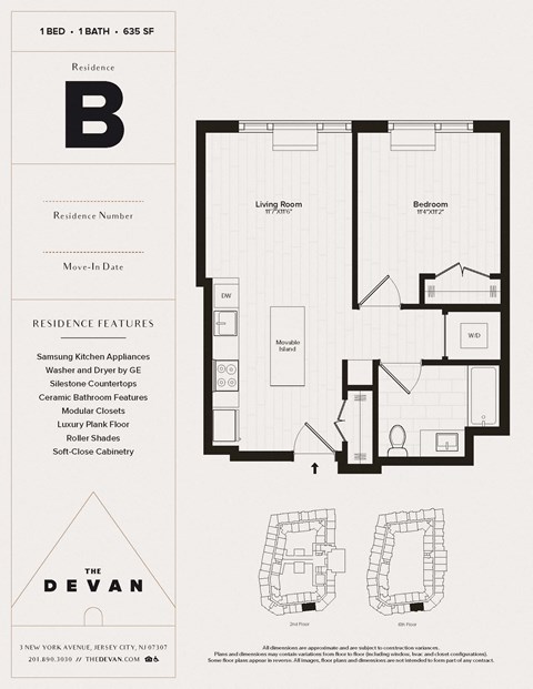 Floor plan for 1 bed, 1 bath, 653 sqft