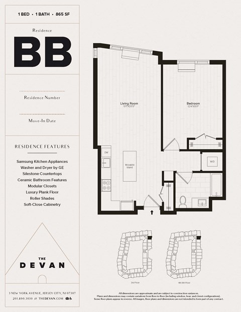 Floor plan for 1 bed, 1 bath, 865 sqft