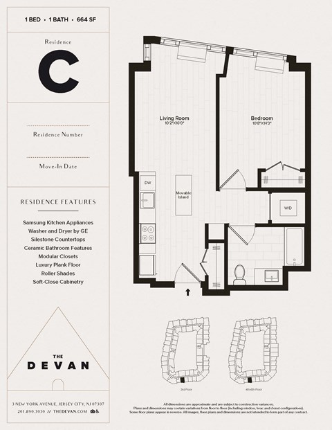 Floor plan for 1 bed, 1 bath, 664 sqft