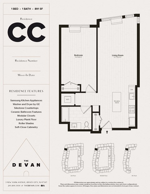 Floor plan for 1 bed, 1 bath, 891 sqft