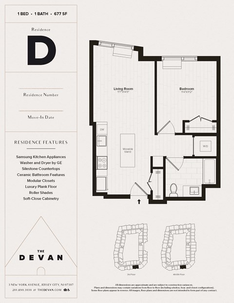 Floor plan for 1 bed, 1 bath, 677 sqft