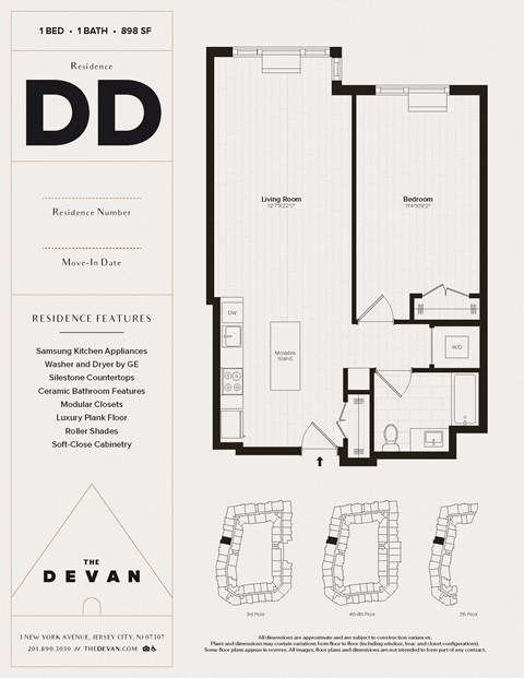 Floor plan for 1 bed, 1 bath, 898 sqft